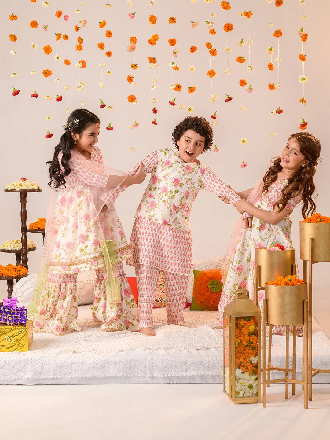 Girls Pink off white Floral Foil Printed Pure Cotton A-Line Kurta with Sharara & Dupatta