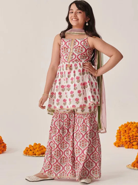 Girls White Ethnic Booti Pattern Cotton A-Line Kurta & Sharara With Dupatta Set