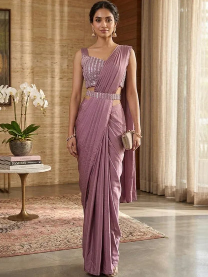 Lavender Pure Crepe Designer Saree