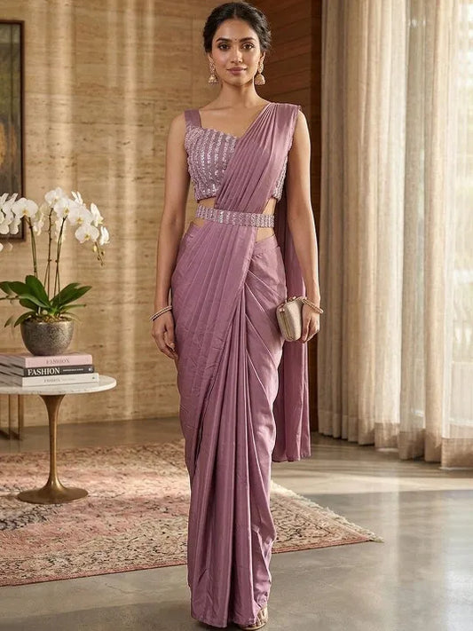 Lavender Pure Crepe Designer Saree