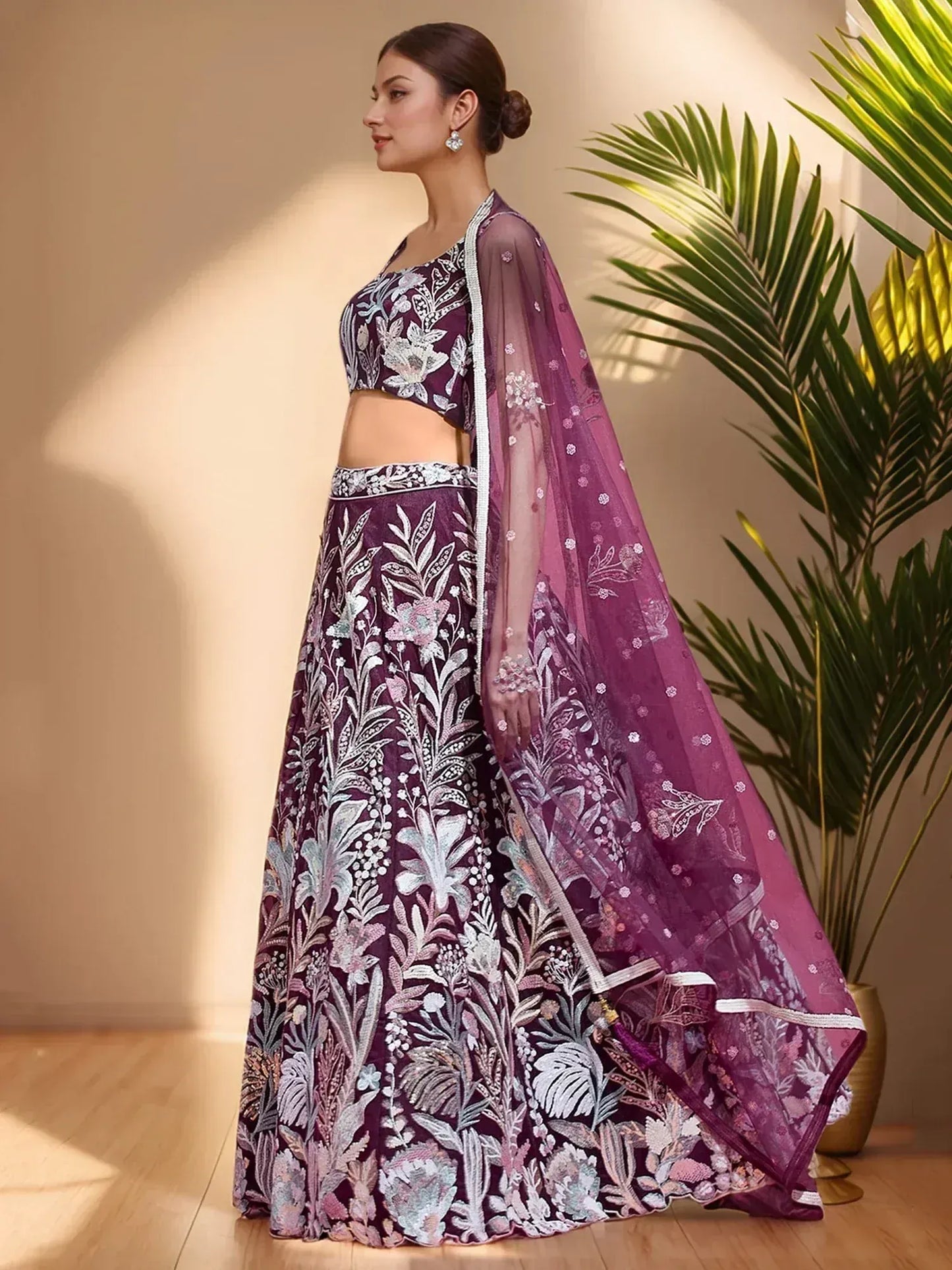 Wine/Olive Green Net Multi-Sequins Engagement Wear Lehenga Choli