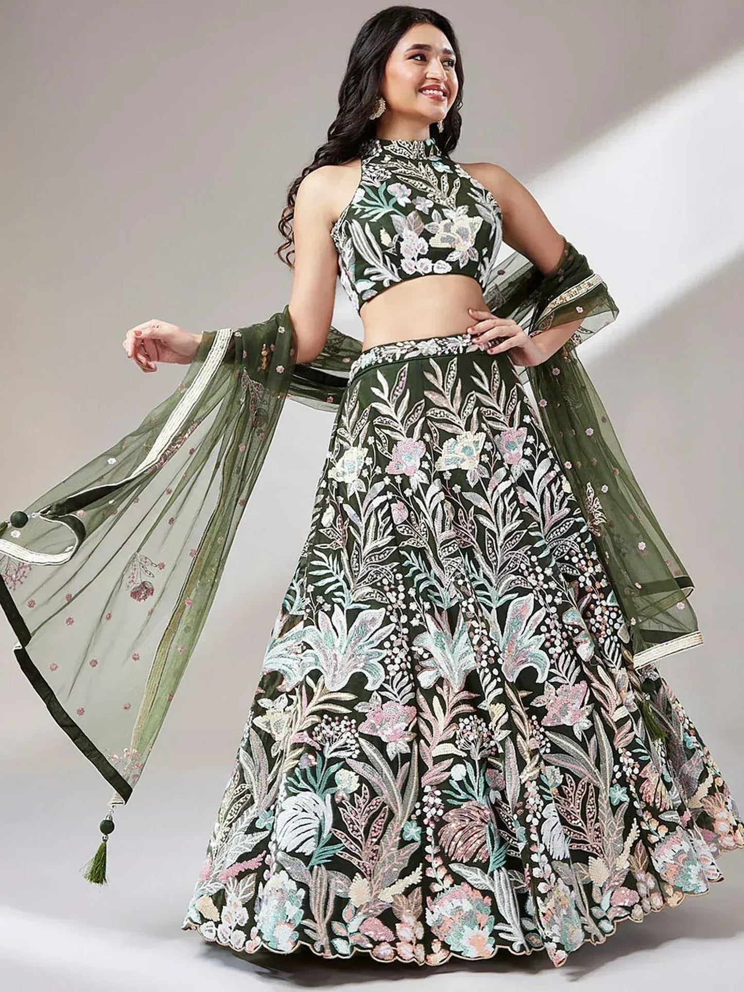 Wine/Olive Green Net Multi-Sequins Engagement Wear Lehenga Choli