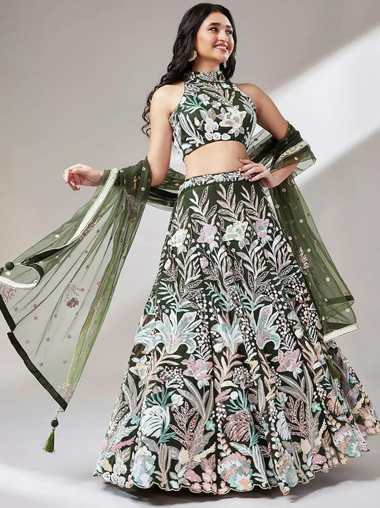 Wine/Olive Green Net Multi-Sequins Engagement Wear Lehenga Choli