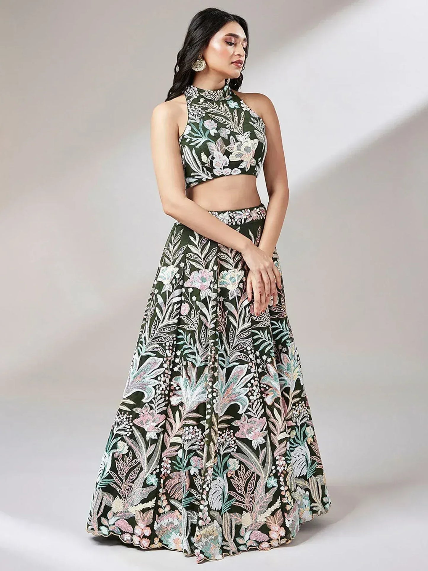 Wine/Olive Green Net Multi-Sequins Engagement Wear Lehenga Choli