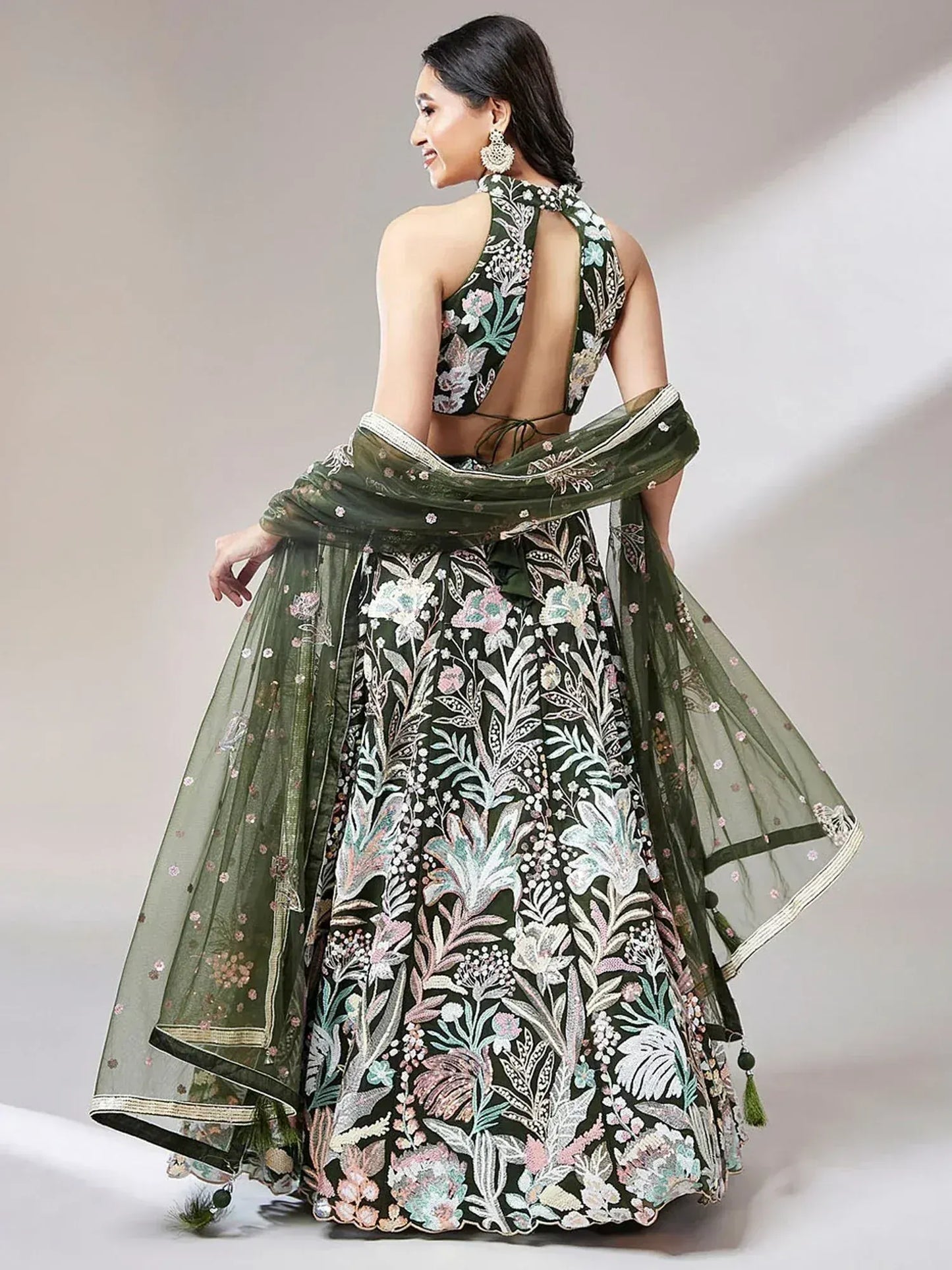 Wine/Olive Green Net Multi-Sequins Engagement Wear Lehenga Choli