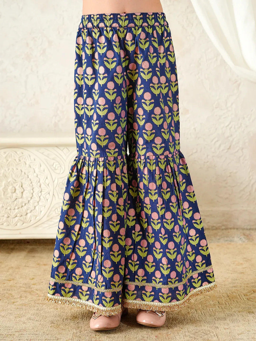 Girls Blue Ethnic Floral Print Cotton A-Line Kurta & Sharara With Dupatta