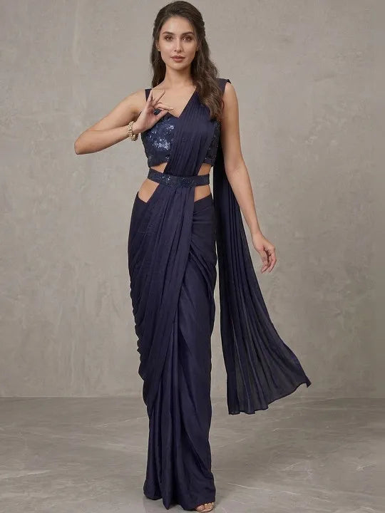 Dark Embellished Designer Saree in Midnight Blue & Wine Color