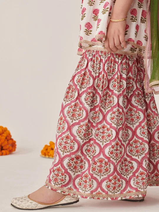 Girls White Ethnic Booti Pattern Cotton A-Line Kurta & Sharara With Dupatta Set