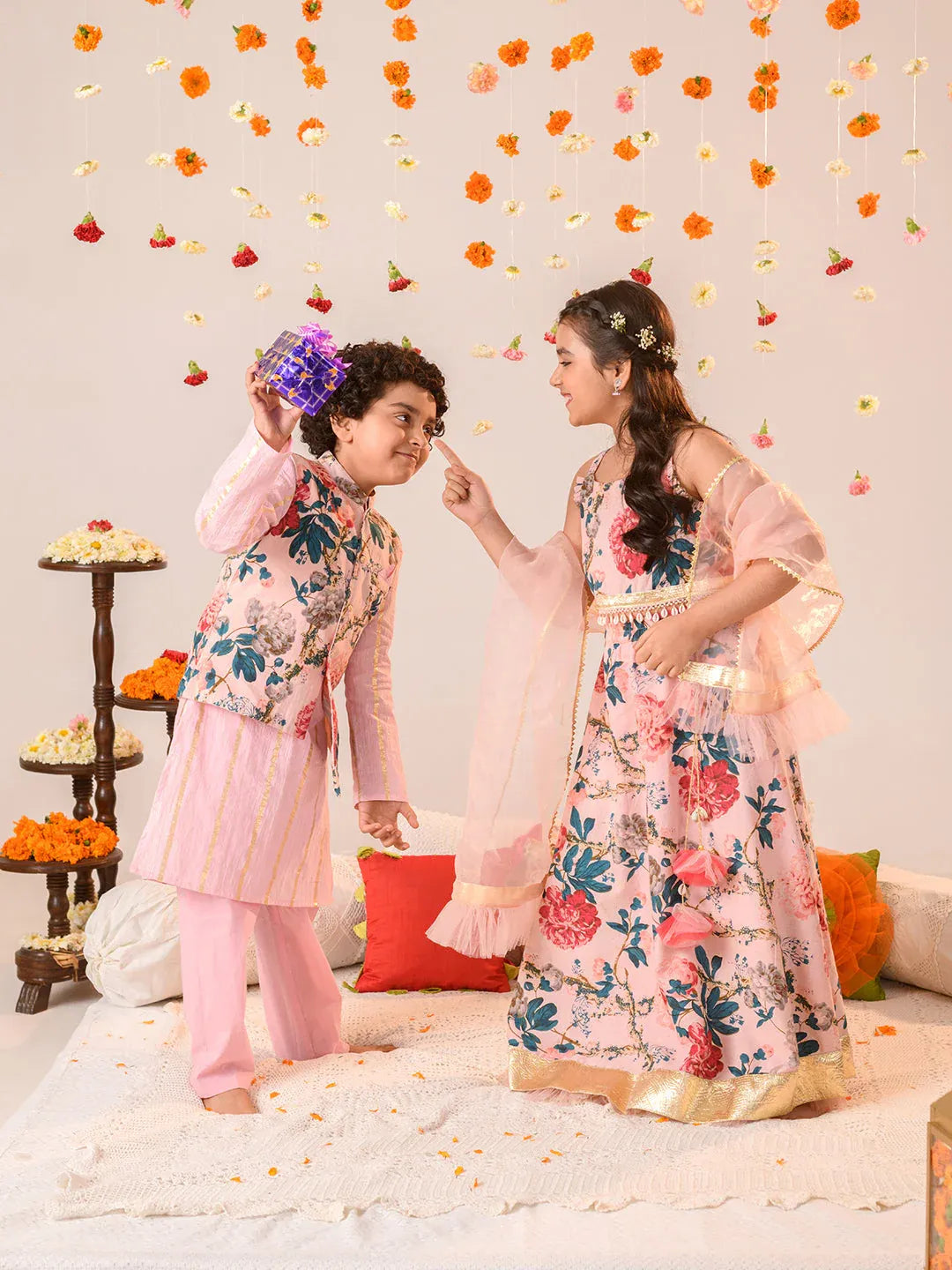 Boys Ethnic Pink Floral Printed Cotton Straight Fit Kurta Pyjama Set With Jacket