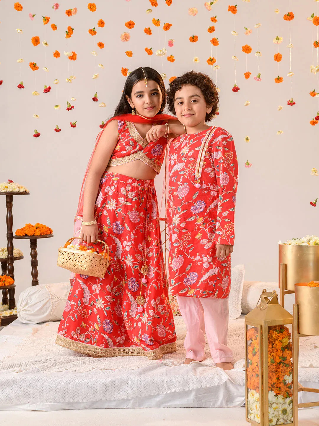 Boys Floral Printed Regular Pure Cotton Kurta With Pyjamas