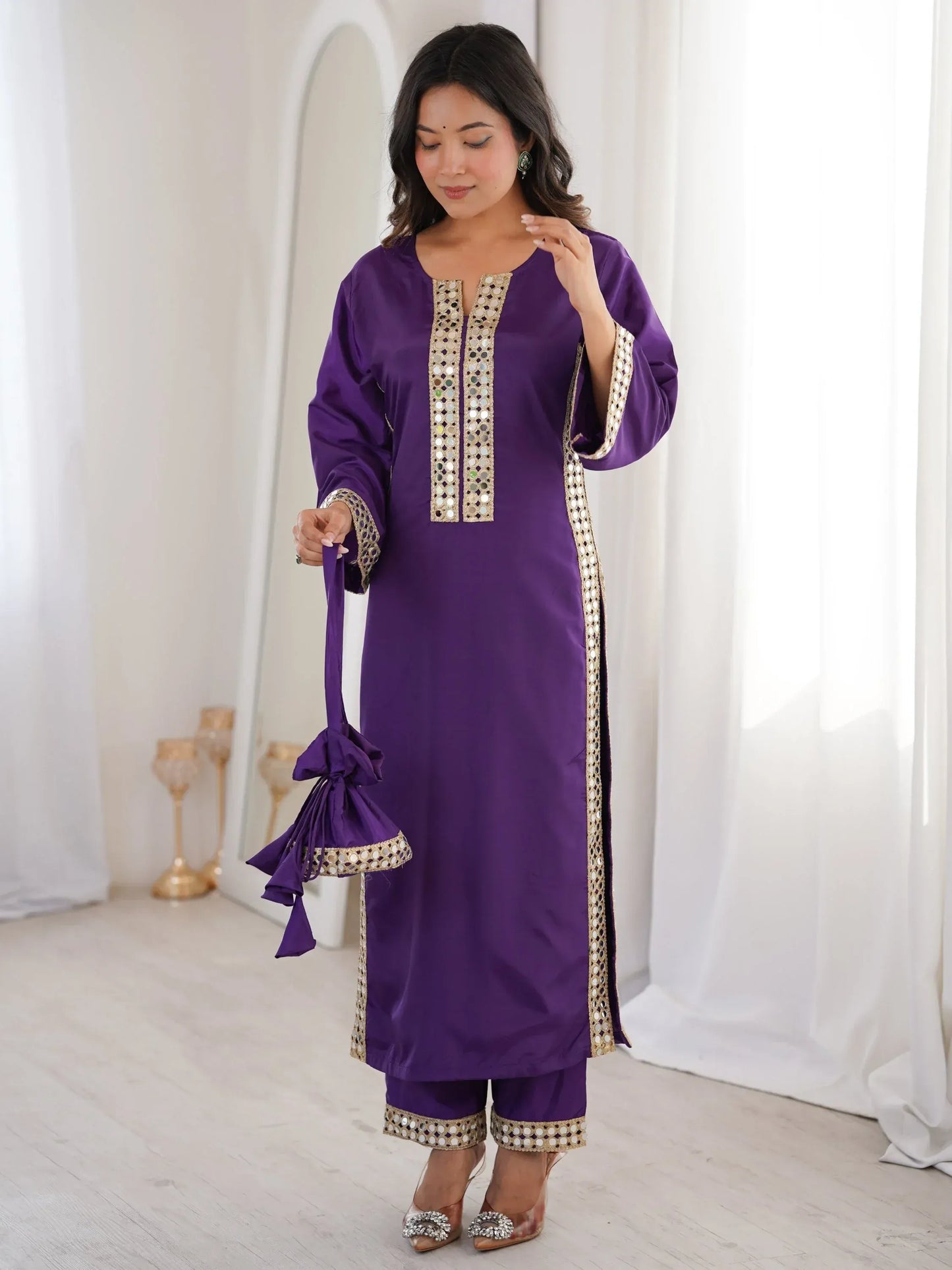 Stylish Mirror Laced Crepe Wedding Wear Kurti With Pant