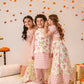 Girls Pink off white Floral Foil Printed Pure Cotton A-Line Kurta with Sharara & Dupatta