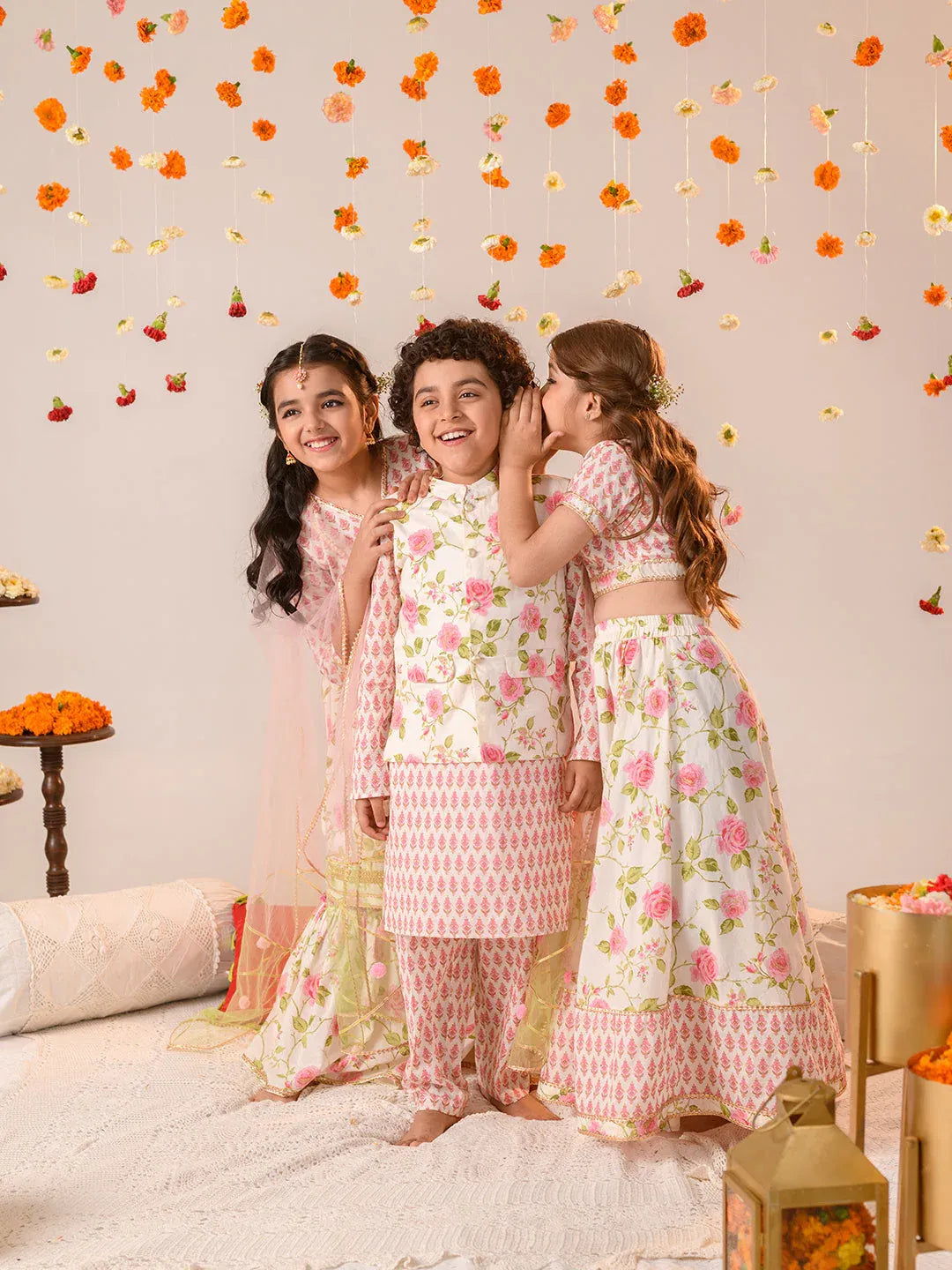 Girls Pink off white Floral Foil Printed Pure Cotton A-Line Kurta with Sharara & Dupatta