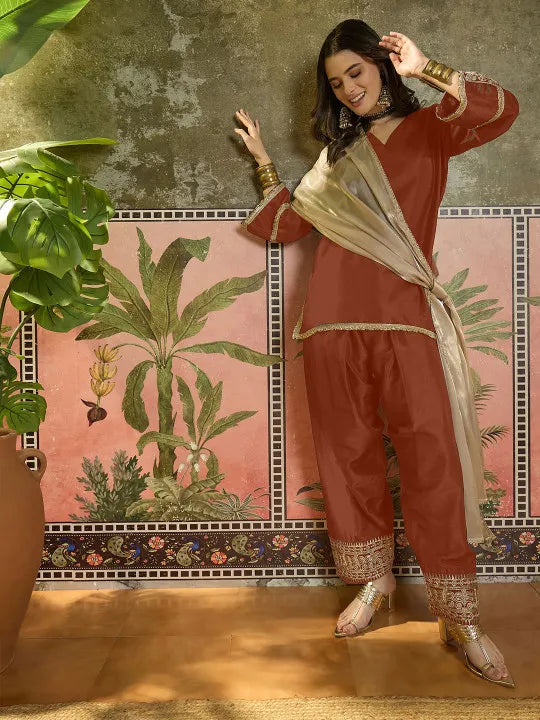 Women Cotton Embroidered Straight Kurta And Farshi Salwar With Dupatta Set