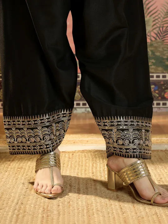 Women Cotton Embroidered Straight Kurta And Farshi Salwar With Dupatta Set