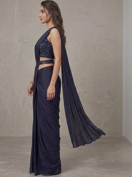 Dark Embellished Designer Saree in Midnight Blue & Wine Color