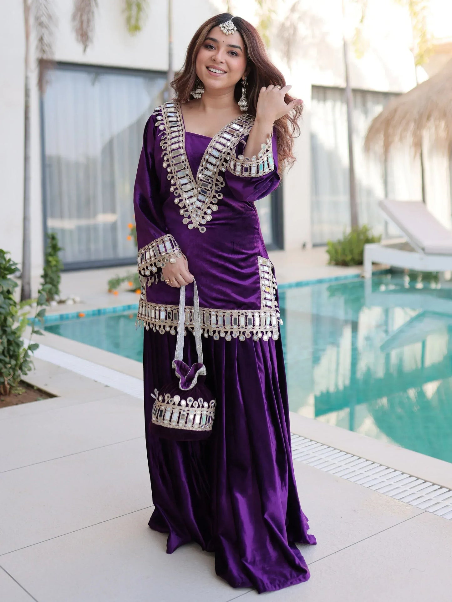 Teal blue and purple velvet mirror work sharara set for women, festive party wear, view 4