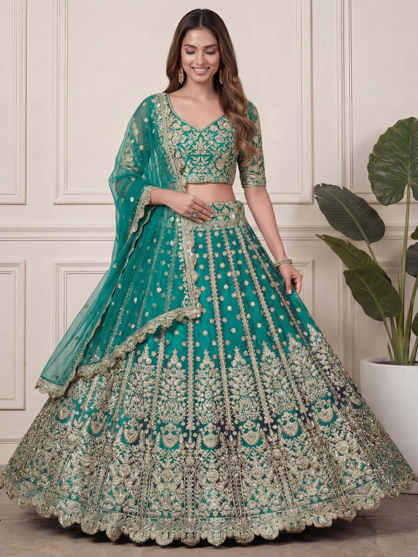 Zari Work Net Bridesmaid Lehenga Choli With Dupatta - Pista Green, Purple, Teal Green