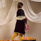 Girls Purple & Golden Embroidered Velvet A-Line Kurta & Dhoti With Dupatta