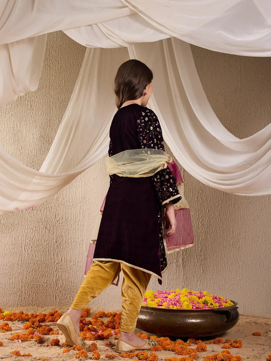Girls Purple & Golden Embroidered Velvet A-Line Kurta & Dhoti With Dupatta