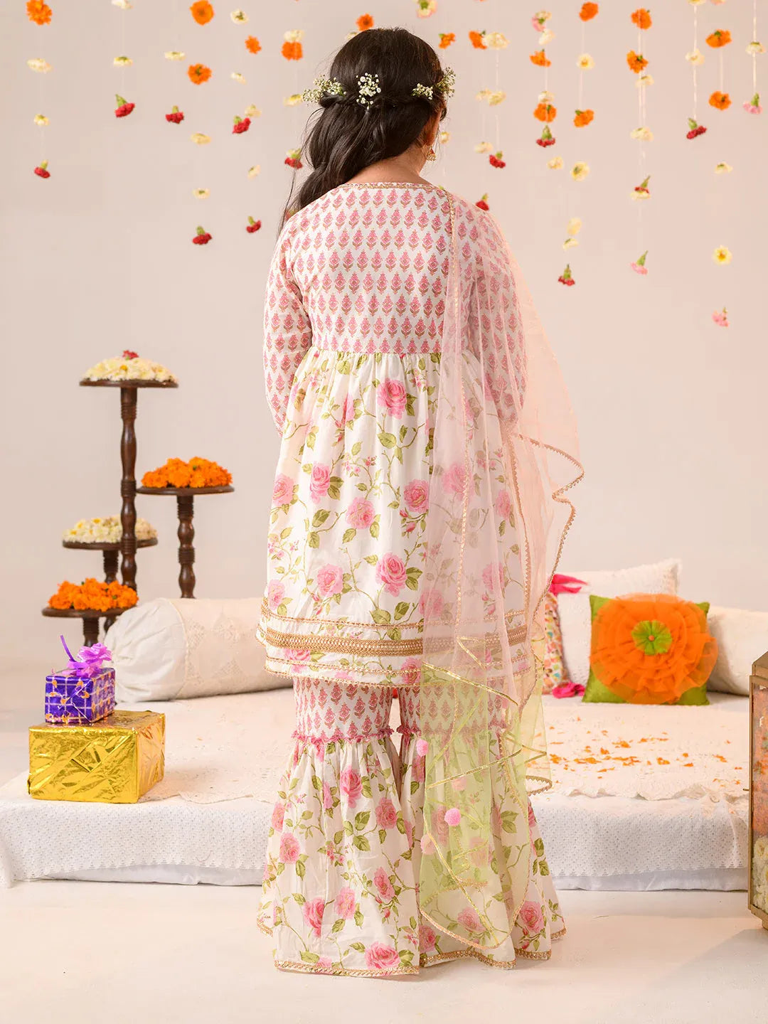 Girls Pink off white Floral Foil Printed Pure Cotton A-Line Kurta with Sharara & Dupatta