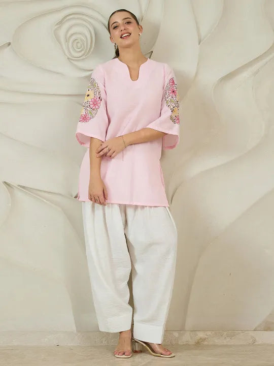 Women Farshi Floral Embroidered U-Neck Pure Cotton Kurti with Salwar