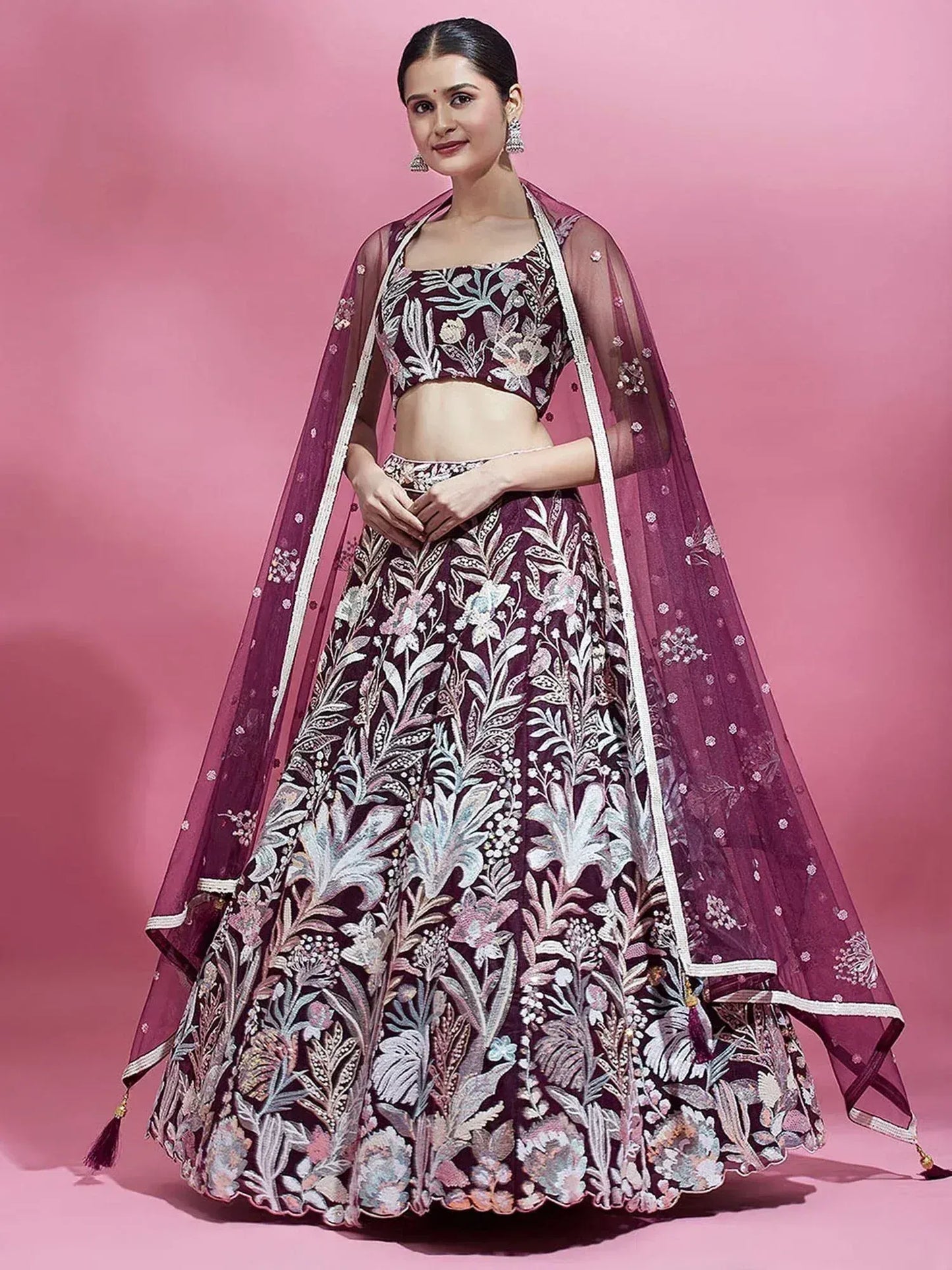 Wine/Olive Green Net Multi-Sequins Engagement Wear Lehenga Choli