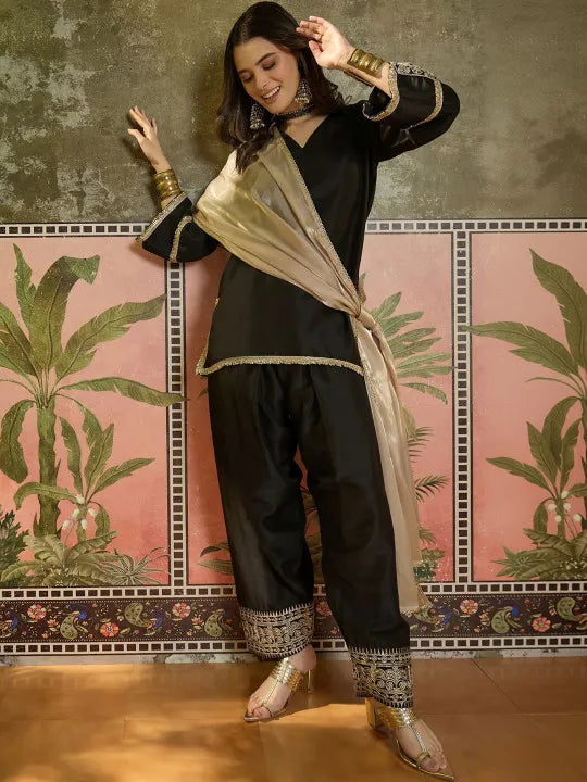 Women Cotton Embroidered Straight Kurta And Farshi Salwar With Dupatta Set