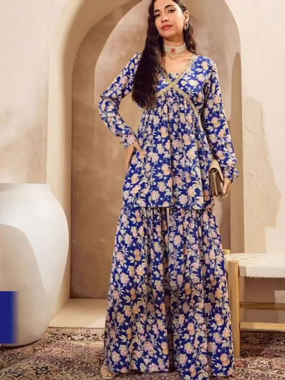 Floral Printed Thread Work Anarkali Kurta with Sharara