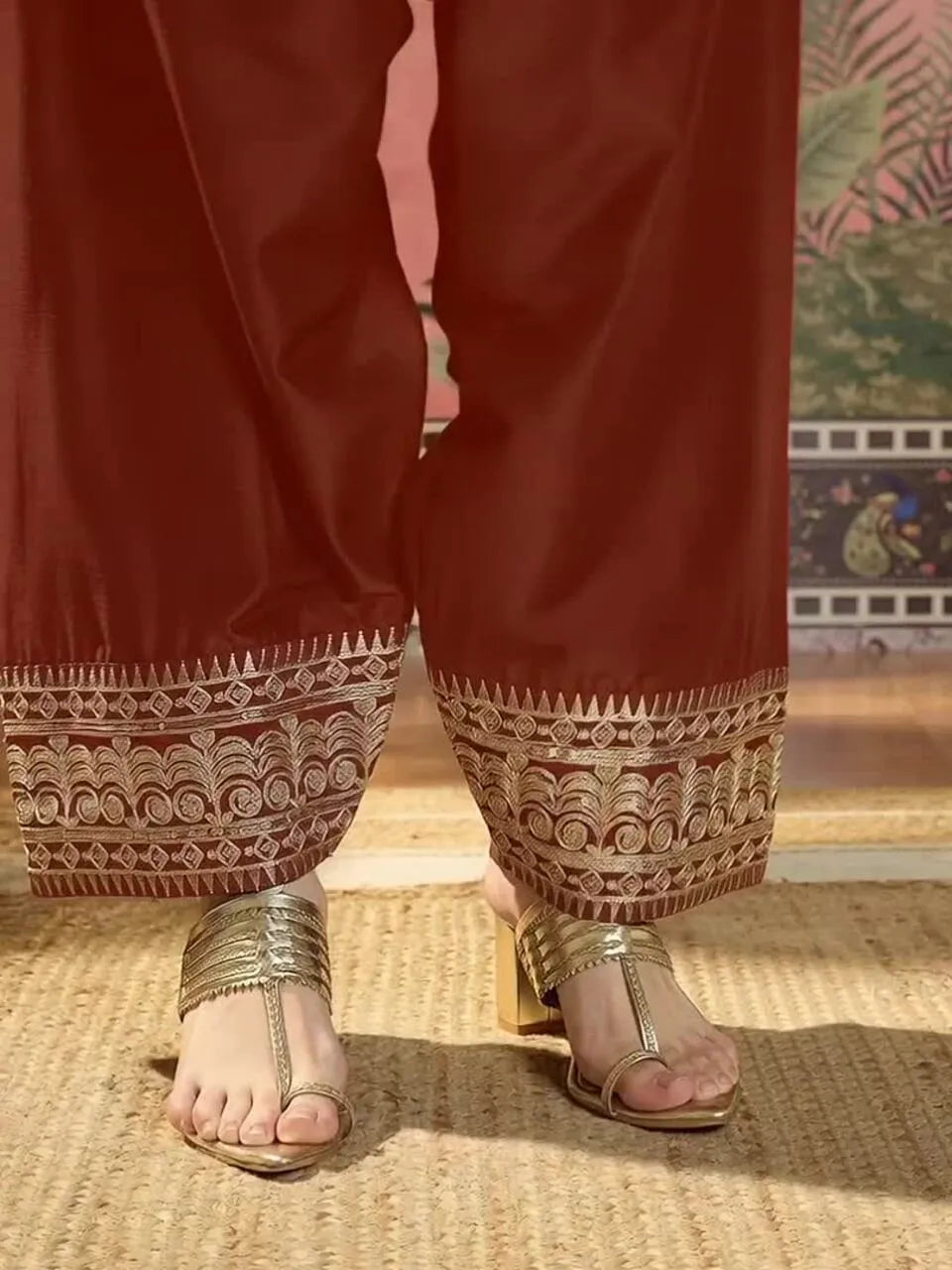 Women Cotton Embroidered Straight Kurta And Farshi Salwar With Dupatta Set