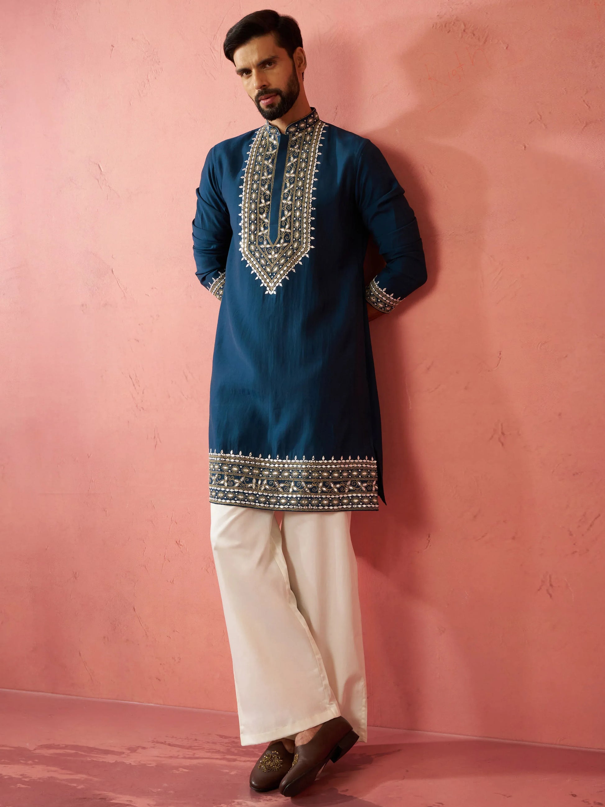 Men's chanderi kurta set with cream pant, view 7
