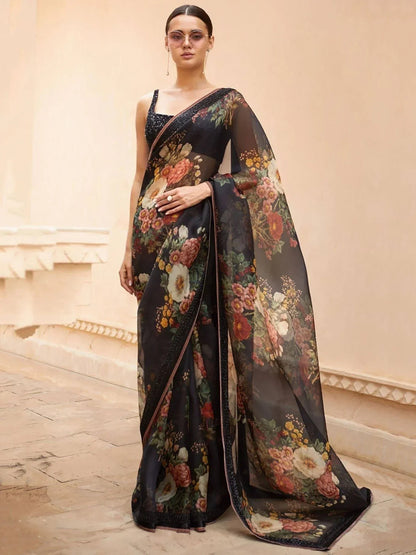 Sabyasachi Inspired Black Floral Organza Party Wear Saree