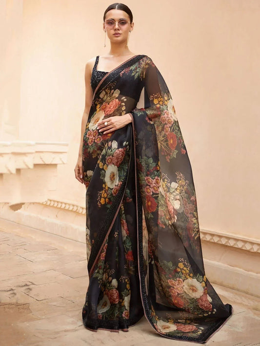 Sabyasachi Inspired Black Floral Organza Party Wear Saree