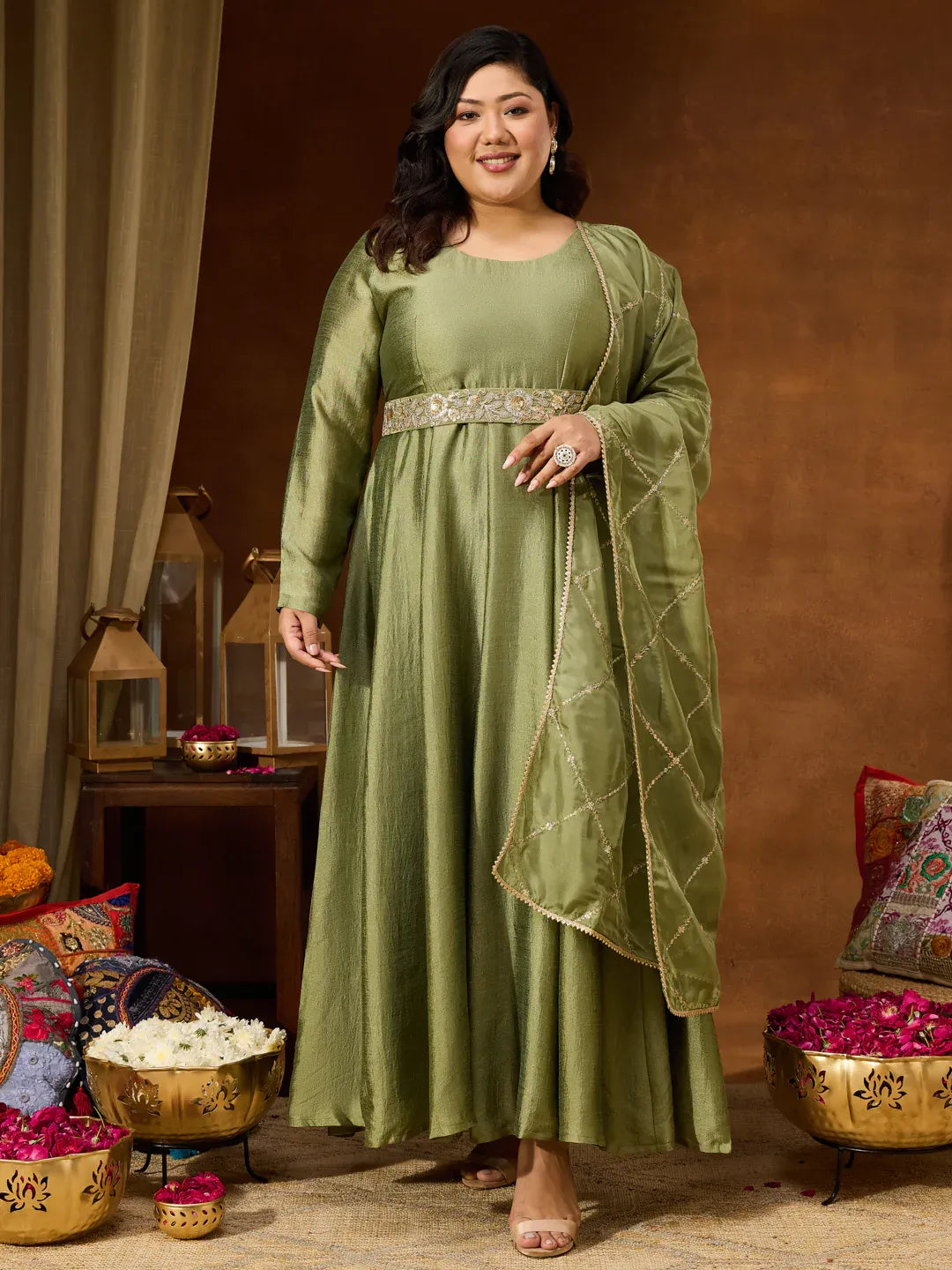 Women's Plus Size Sage Green Silk Blend Flared Gown With Embellished Belt
