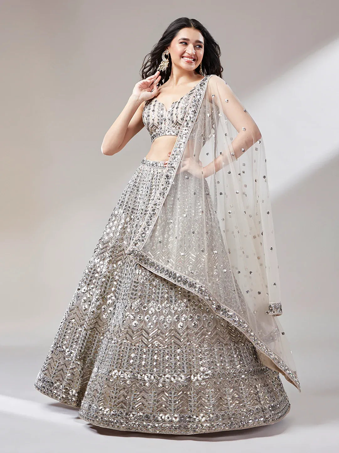 Rose gold and silver net mirror and sequins embroidery semi-stitched lehenga choli with dupatta for women, view 2