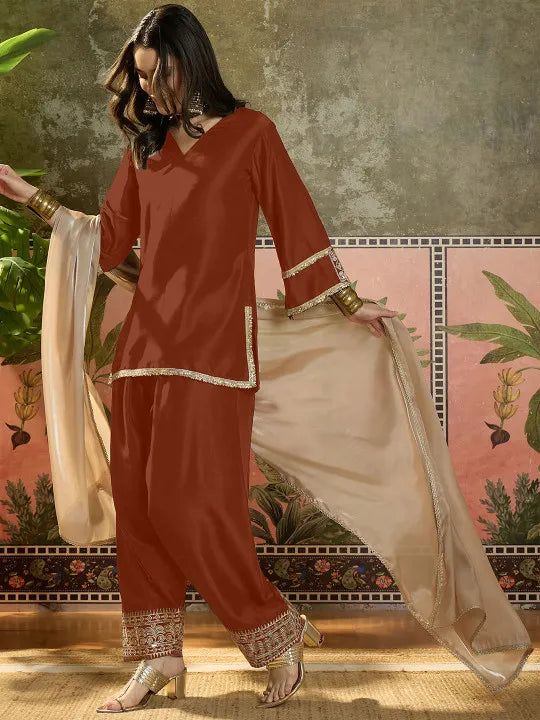 Women Cotton Embroidered Straight Kurta And Farshi Salwar With Dupatta Set