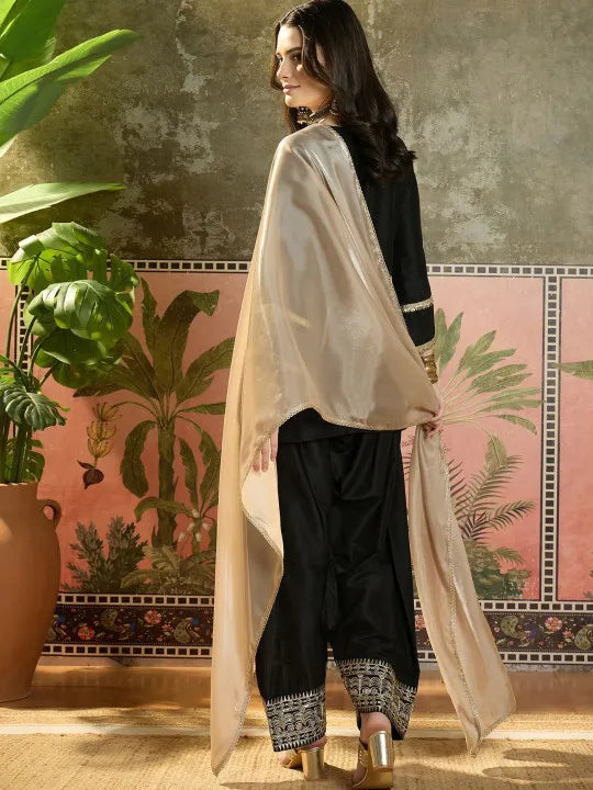 Women Cotton Embroidered Straight Kurta And Farshi Salwar With Dupatta Set