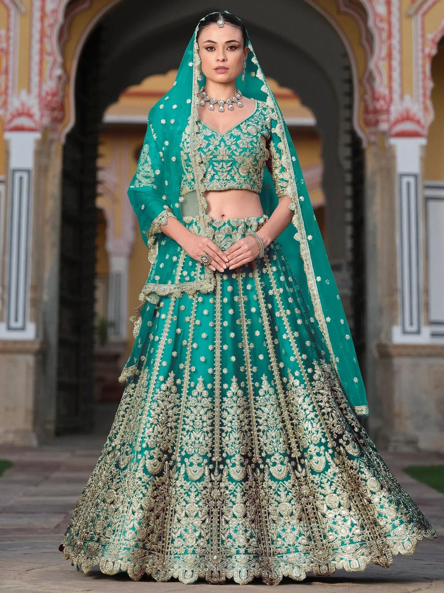 Zari Work Net Bridesmaid Lehenga Choli With Dupatta - Pista Green, Purple, Teal Green