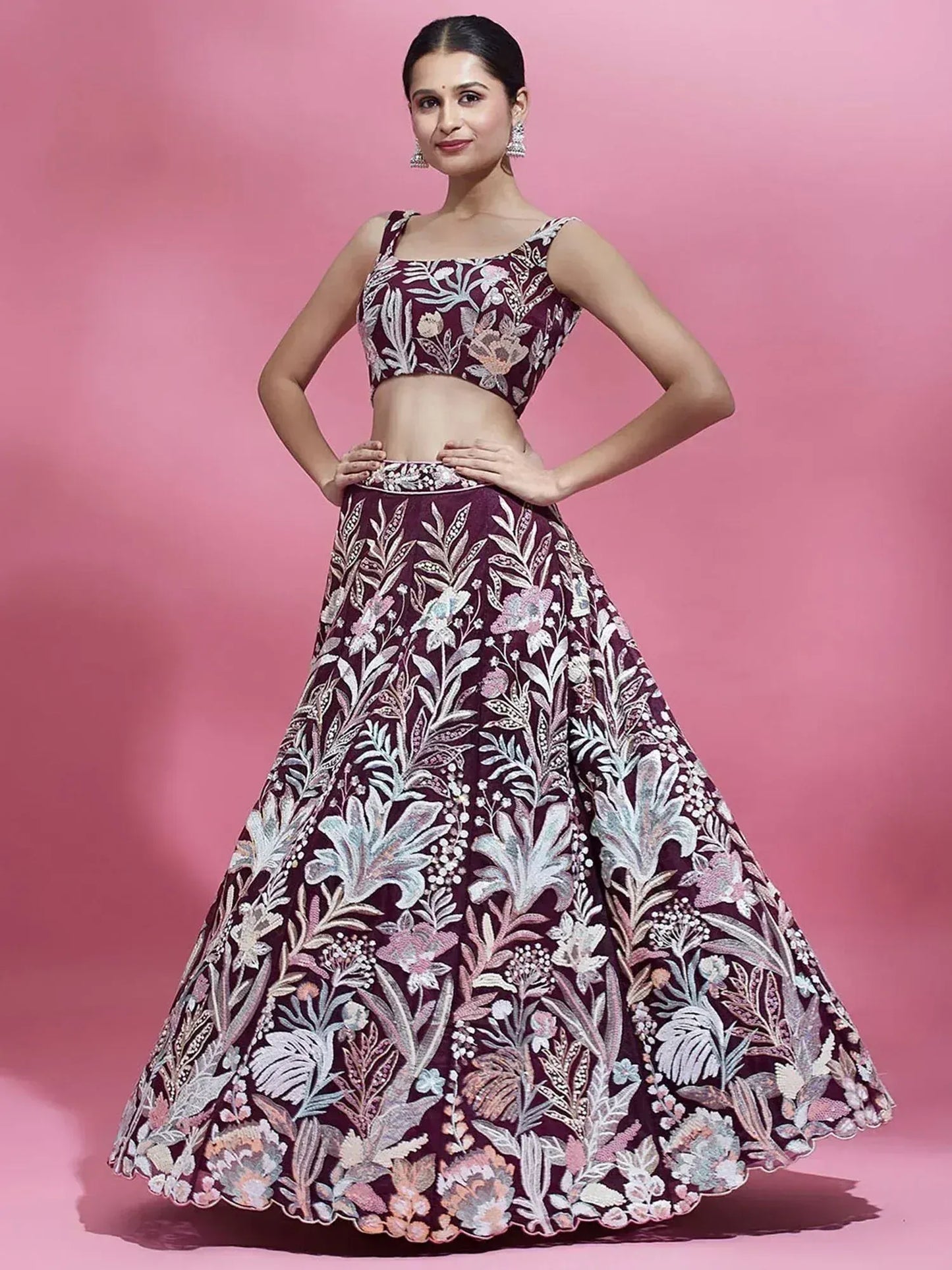Wine/Olive Green Net Multi-Sequins Engagement Wear Lehenga Choli