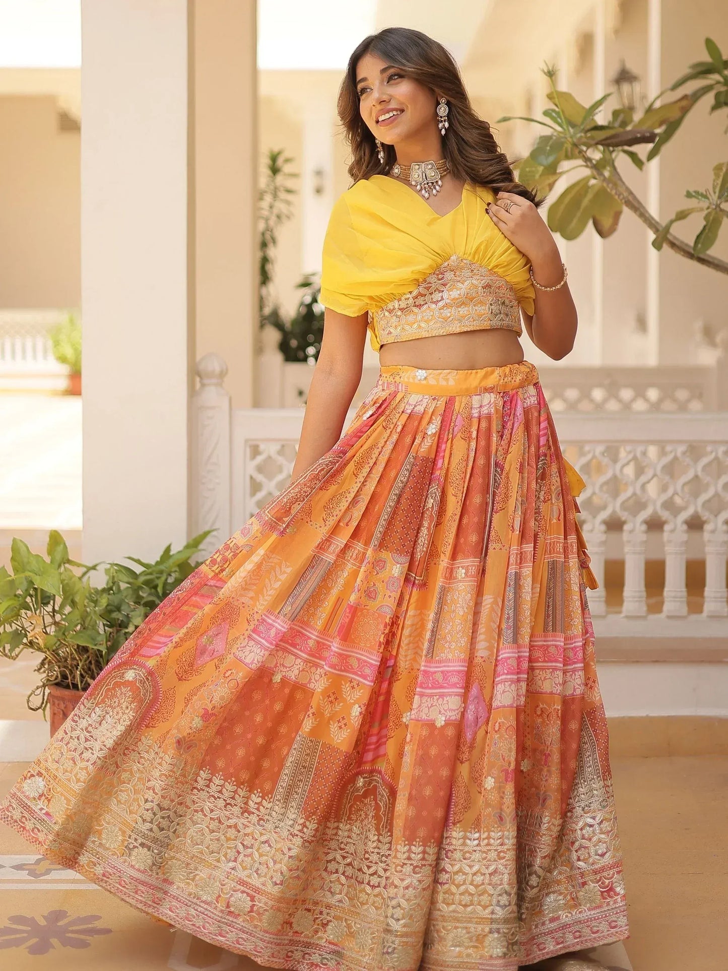 Digital Printed Silk Designer Crop Top Lehenga