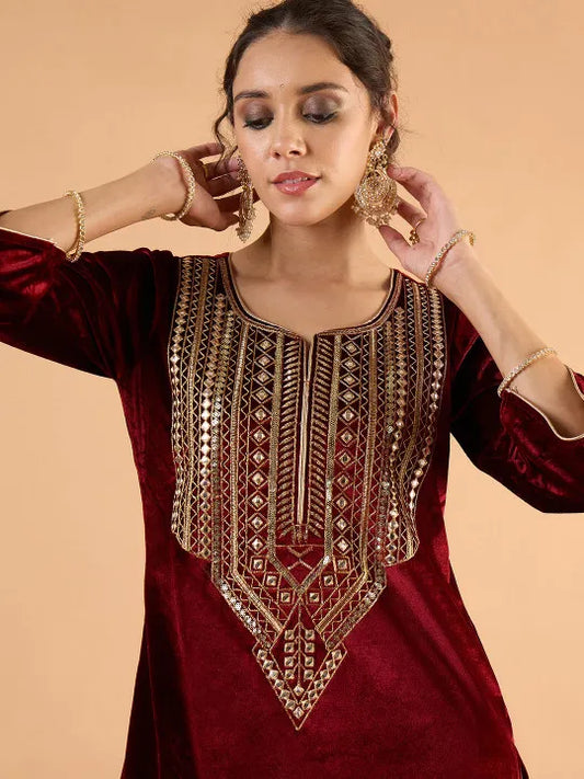Women Ethnic Motifs Embroidered Above Knee Regular Kurta with Patiala