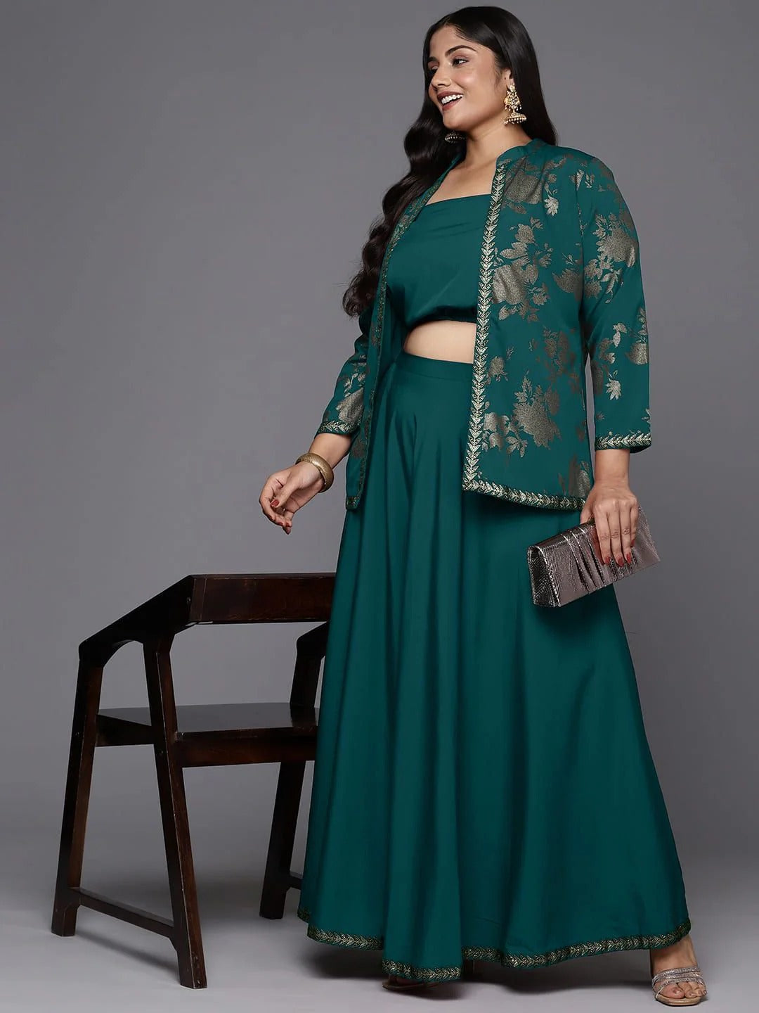 Plus Size Printed Top, Jacket With Skirt - Co-Ord Set