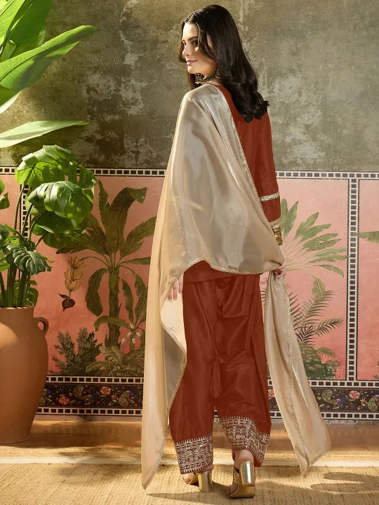 Women Cotton Embroidered Straight Kurta And Farshi Salwar With Dupatta Set