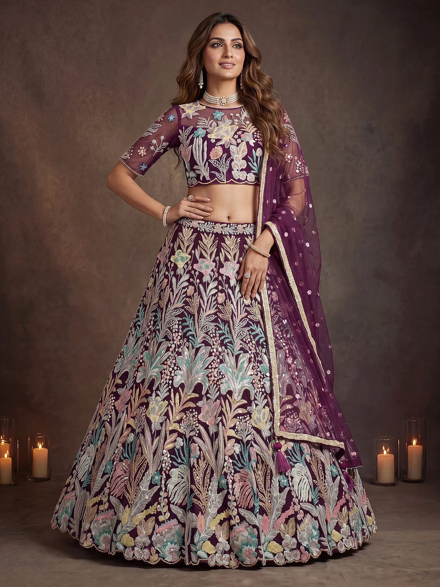Wine/Olive Green Net Multi-Sequins Engagement Wear Lehenga Choli
