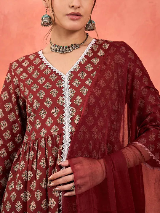 Floral Printed V-Neck Pure Cotton Cotton A-Line Kurta With Palazzos & Dupatta