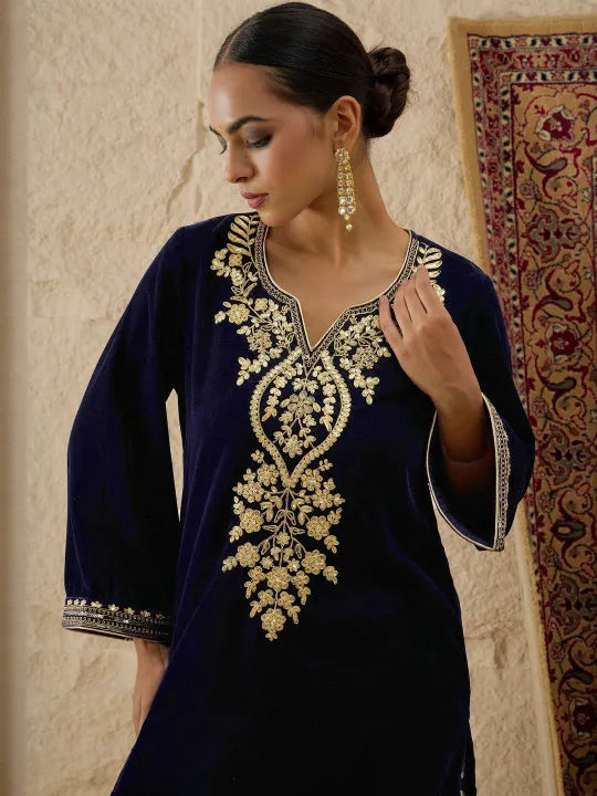 Ethnic Motifs Embroidered Thread Work Velvet Kurta With Patiala