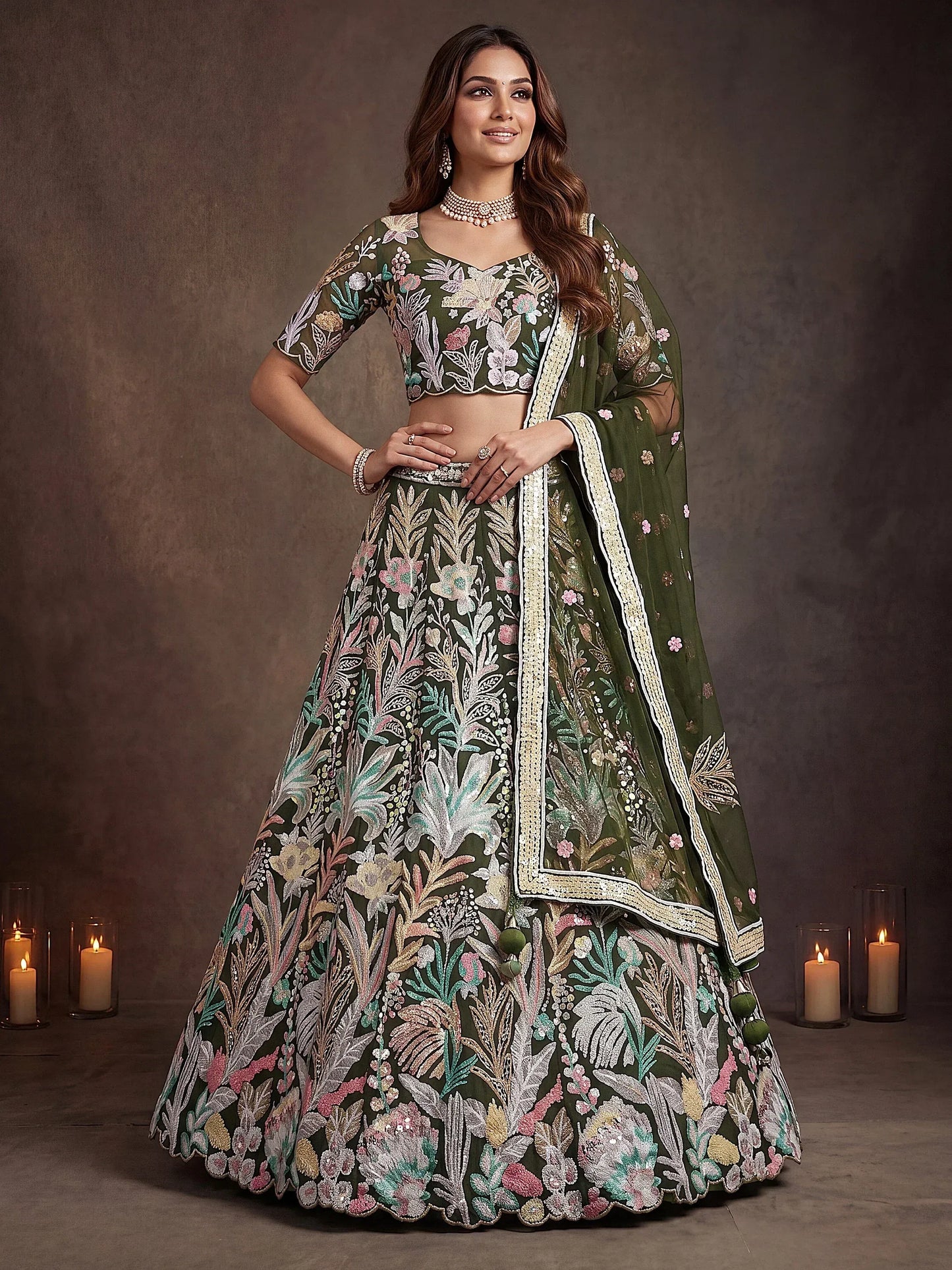 Wine/Olive Green Net Multi-Sequins Engagement Wear Lehenga Choli
