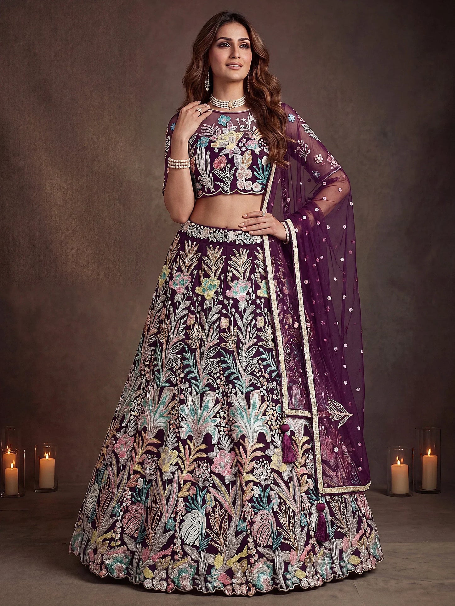 Wine/Olive Green Net Multi-Sequins Engagement Wear Lehenga Choli