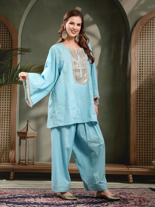 Women Ethnic Motifs Embroidered Regular Mirror Work Pure Cotton Kurta with Patiala