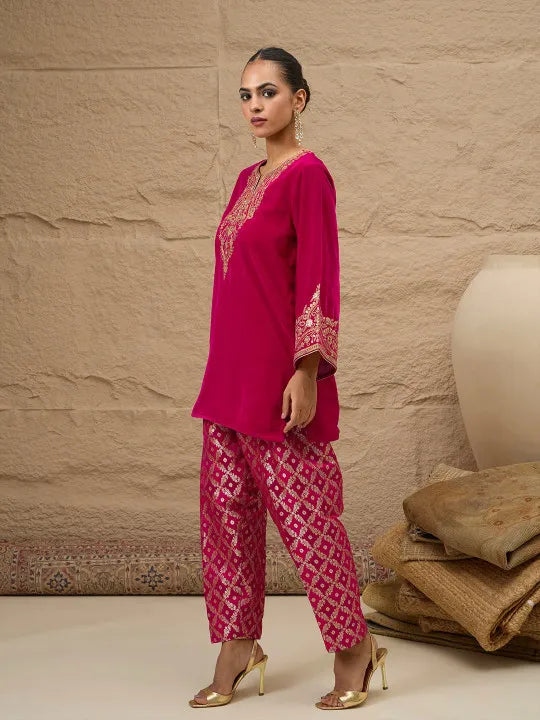 Ethnic Motifs Embroidered Thread Work Velvet Kurta With Patiala